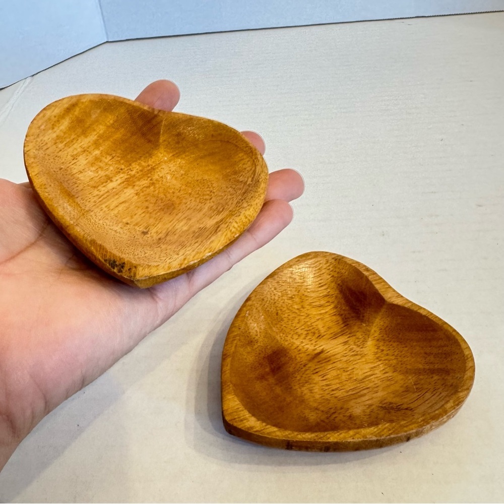 Set of 2 Vintage Heart Shaped Carved Wood Heart Trays Made in the Philippines